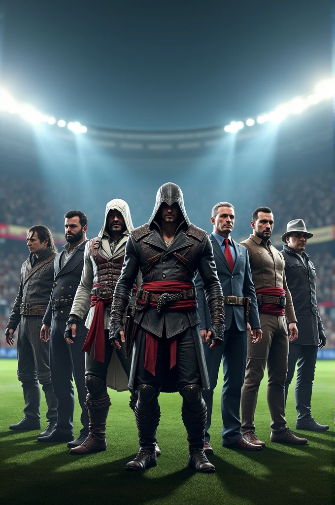 In a football team photo position, Raiden, Arthur Morgan, Niko bellic, vass, ezio, Joel, dutch, Kung Lao, Tony Cipriani, Jason Brody e o Salvatore leone
