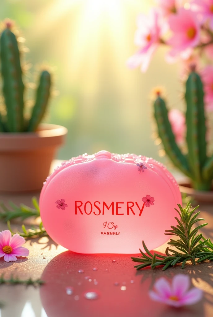 I need promotional type images for a repellent soap with rosemary extract, THE BRAND IS CALLED "ROSMERY" and the soap is Mexican pink.