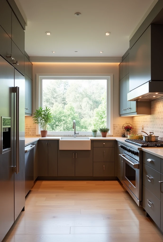 Create a kitchen in u that has a window in the center and below it the dishwasher, on the left side the refrigerator and a countertop with a stovetop and on the right side of the window the oven and another countertop