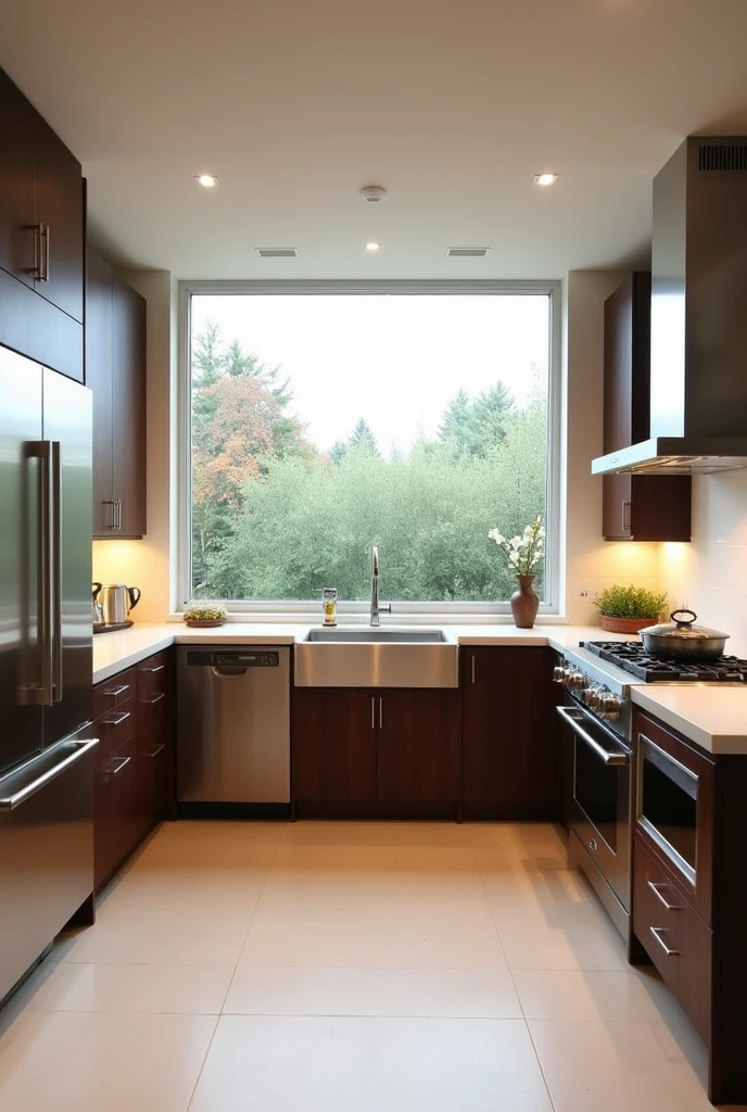 Create a kitchen in u that has a window in the center and below it the dishwasher, on the left side the refrigerator and a countertop with a stovetop and on the right side of the window the oven and another countertop