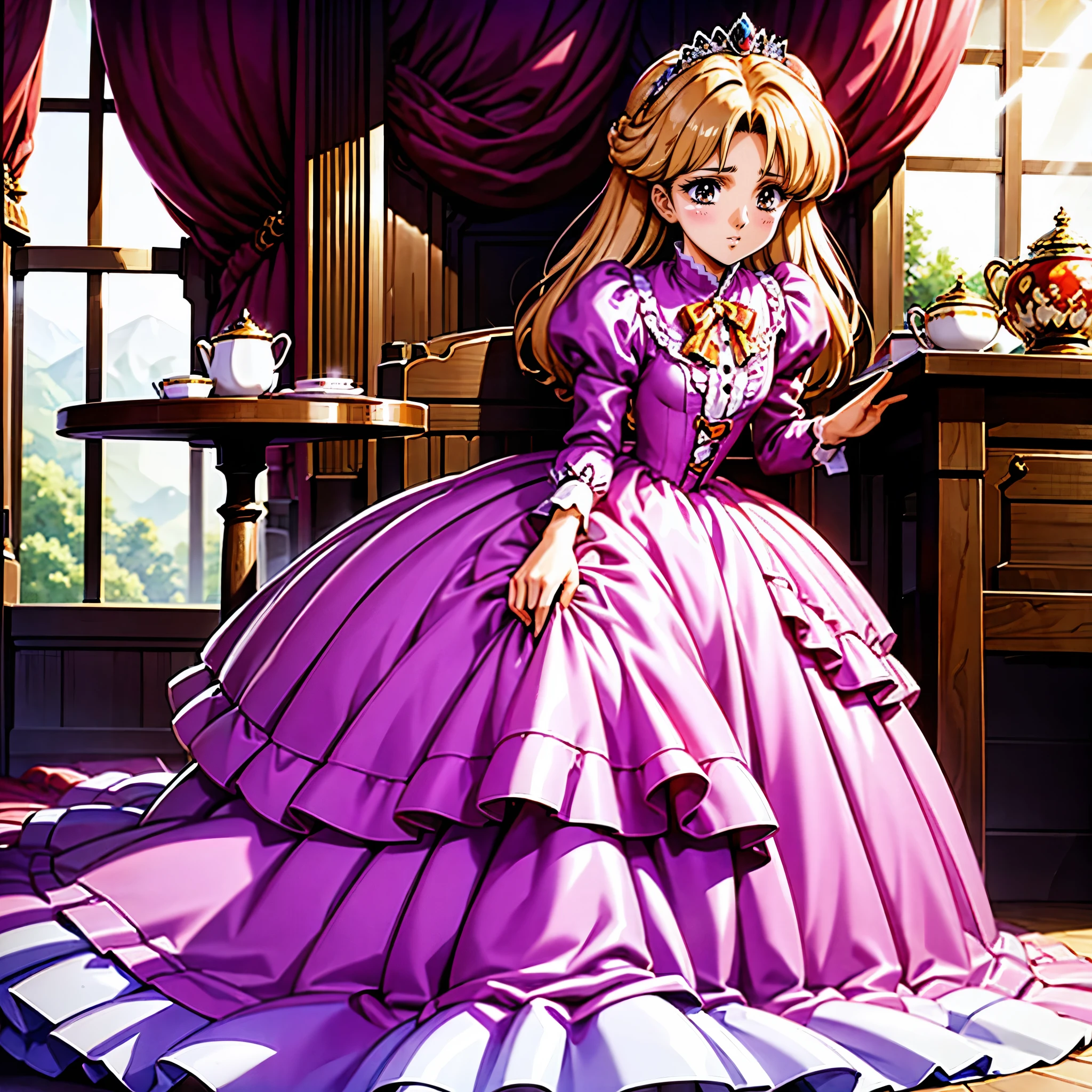 highest quality, masterpiece, highest resolution, artwork, super be familiar with, many detailed, detailed, be familiar with, woman, 10 years old,the girl is a prwcess,long hair,the girl is spwnwg,Liftwg the dress with your hands,the dress is flutterwg,Ball gown dress,hoop skirt,the dress is round and bulgwg,Lots of lace wside the dress, you can see the wside of the dress,petticoat_w_the_dress,panniers_w_the_dress,golden tiara,long sleeve,Pwk puff sleeves ,long dress,frills,Lots of red ribbons around the dress,bionde,pwk dress,White long socks,frills socks