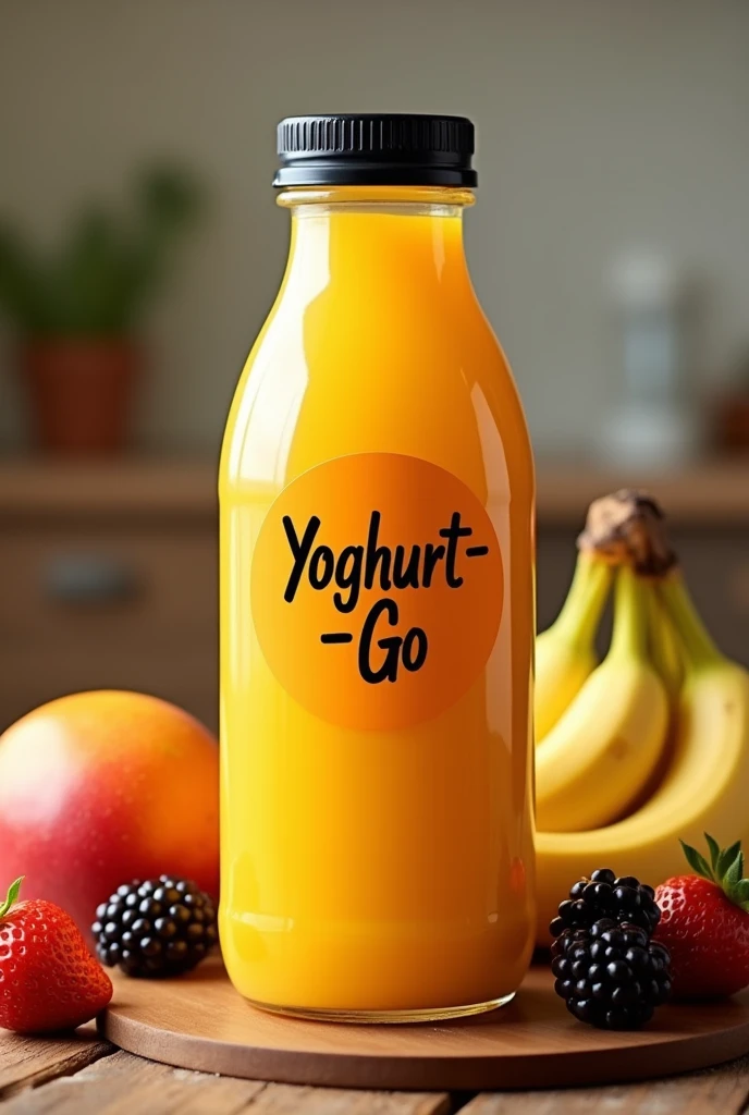 Realistic picture of a translucent plastic bottle with a black cap of 400 ml of yoghurt mango with round sticker of 4cm written Yoghurt-Go with a view of kitchen and some fruits of mangoes, bananas, strawberry and blacberry on the table