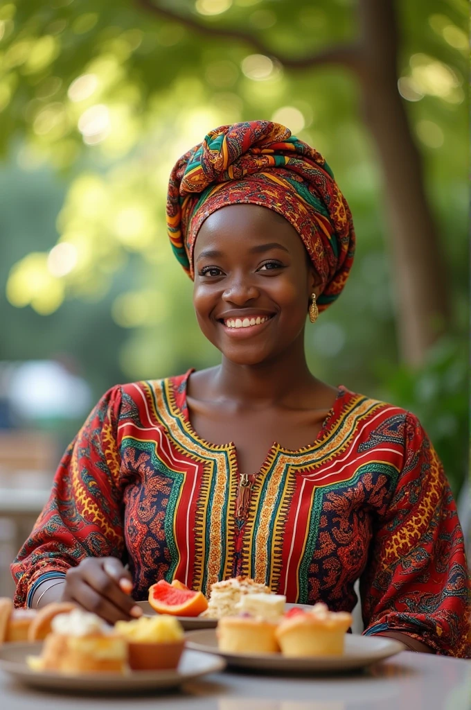 Fat muslim African teenage woman with dress code attire smiling while eating 