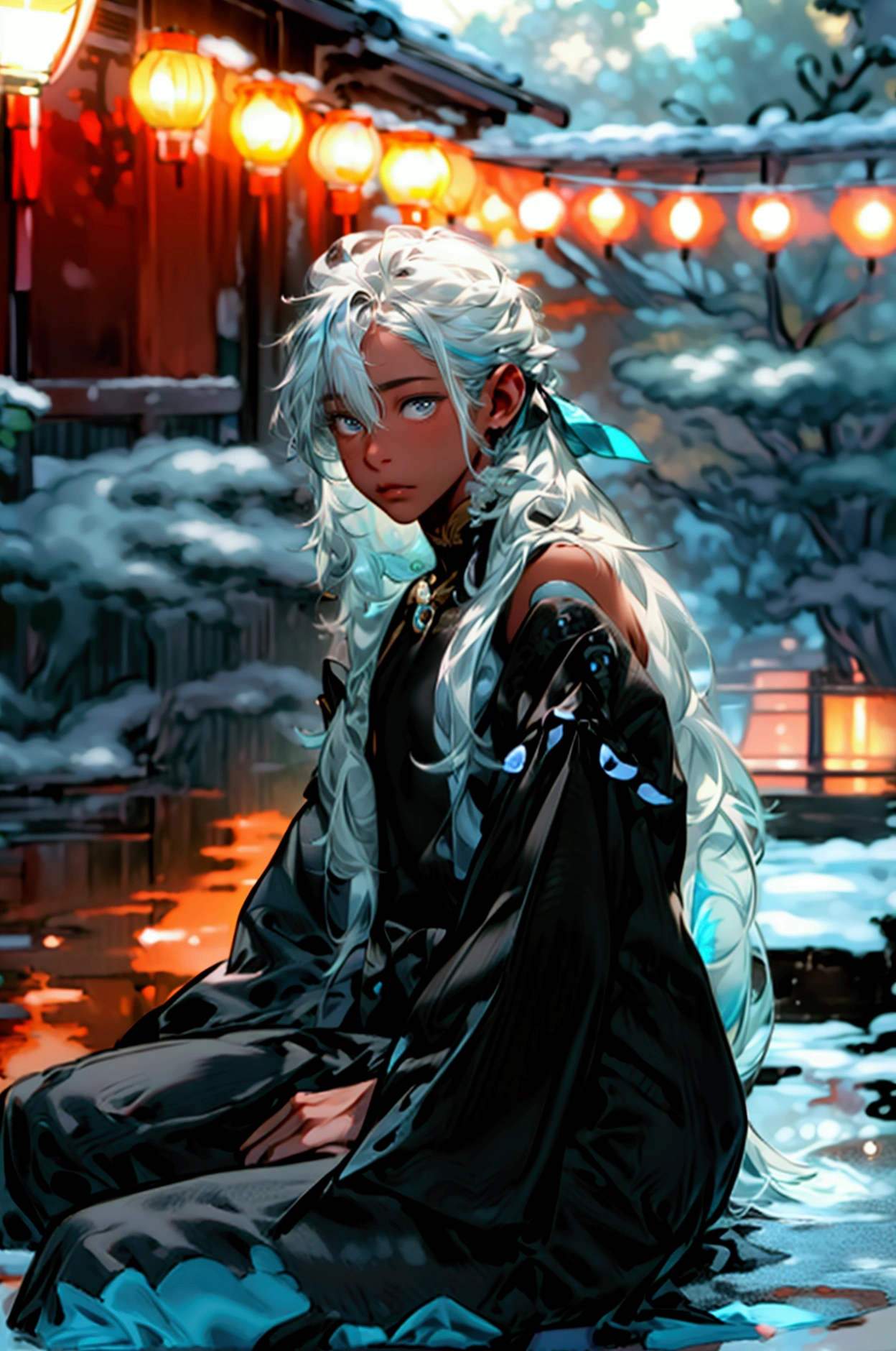 off shoulder Hikizuri with a slight open chest,masterpiece, best quality, high resolution, 1 male, sitting at a koi pond, he's beautiful, long white hair like snow, black soft opal colored eyes, brown skin, detail outside night, lanterns, Tan skin.