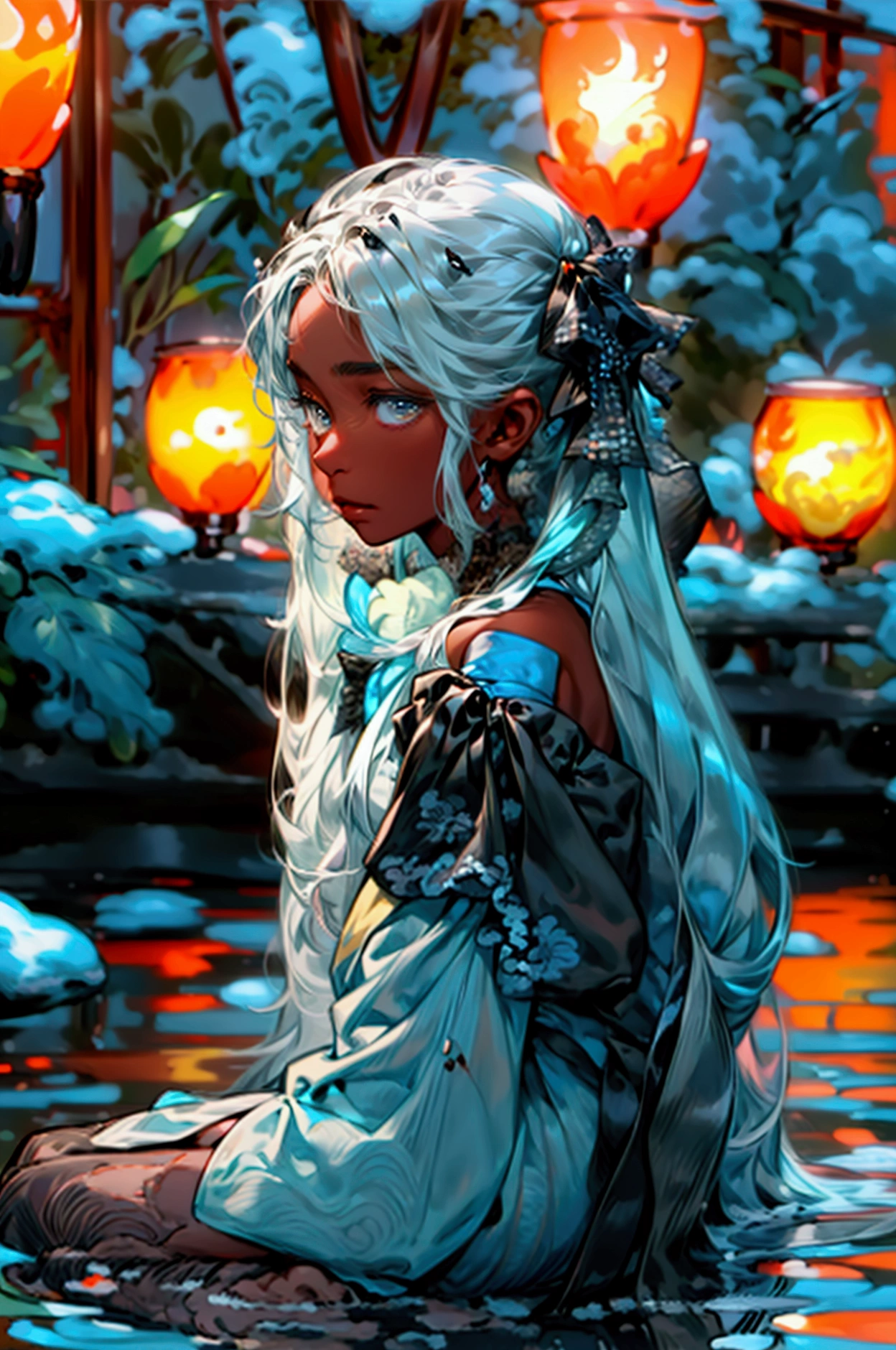 off shoulder Hikizuri with a slight open chest,masterpiece, best quality, high resolution, 1 male, sitting at a koi pond, he's beautiful, long white hair like snow, black soft opal colored eyes, brown skin, detail outside night, lanterns, Tan skin.