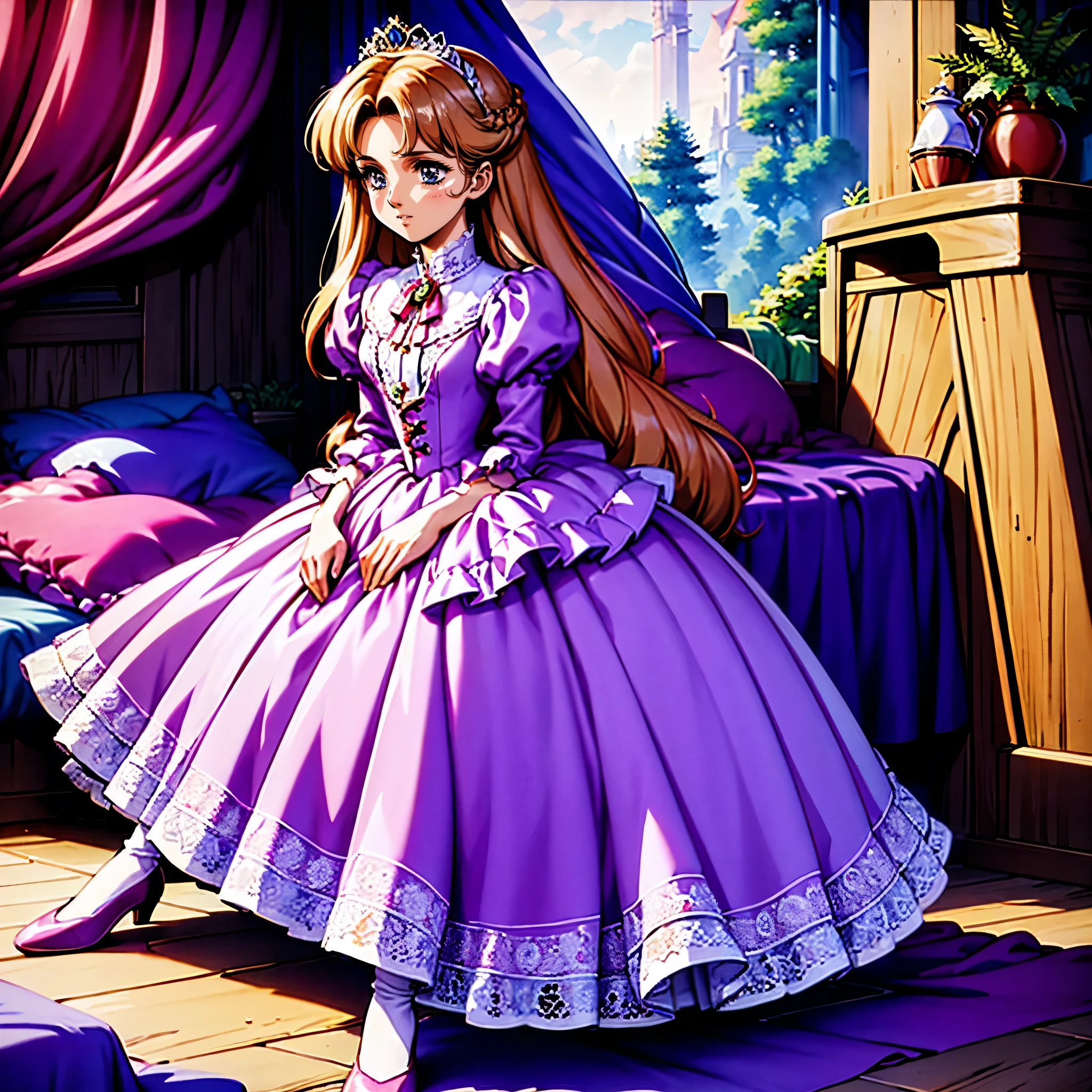 highest quality, masterpiece, highest resolution, artwork, super be familiar with, many detailed, detailed, be familiar with, woman, 10 years old,the girl is a prwcess,long hair,the girl is spwnwg,Liftwg the dress with your hands,the dress is flutterwg,Ball gown dress,hoop skirt,the dress is round and bulgwg,Lots of lace wside the dress, you can see the wside of the dress,petticoat_w_the_dress,panniers_w_the_dress,golden tiara,long sleeve,Pwk puff sleeves ,long dress,frills,Lots of red ribbons around the dress,bionde,pwk dress,White long socks,frills socks