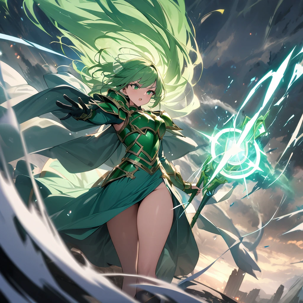 Top quality, masterpiece, high resolution, girl, magic knight, green hair, emerald green armor dress, wind magic, magic staff,Storm effect