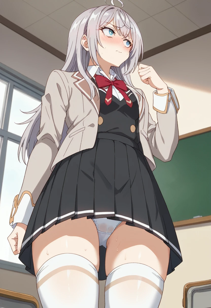 alisamikhailovna, alisamikhailovna kujou, long hair, bangs, blue eyes, ahoge, gray hair, red ribbon, skirt, shirt, long sleeves, bow, school uniform, jacket, white shirt, pleated skirt, collared shirt, bow tie, black skirt, red bow, red bow tie, jacket, gray jacket, long sleeves, classroom, alone, White thigh highs, embarrassed, Looking away, upskirt, White panties, soaked panties, sweaty, from below, masterpiece, anatomically correct, highres, toned thighs, thigh focus