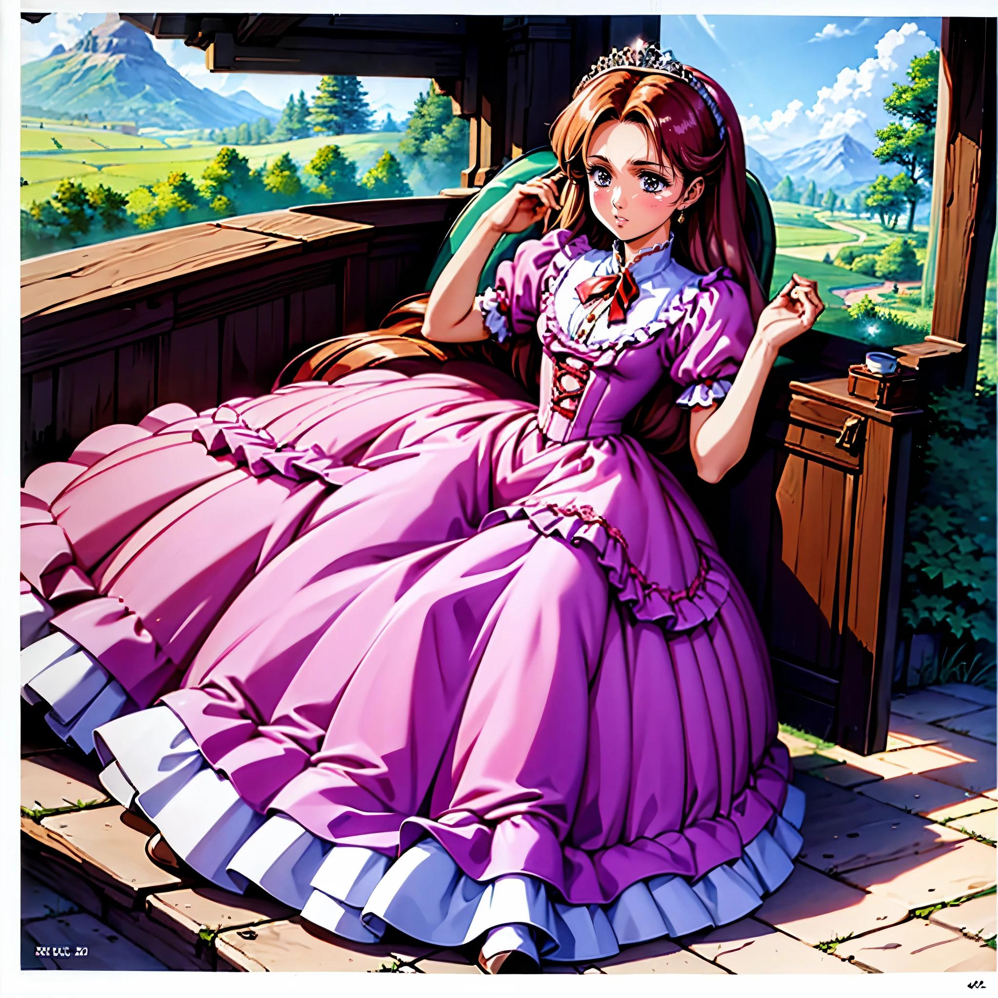 highest quality, masterpiece, highest resolution, artwork, super be familiar with, many detailed, detailed, be familiar with, woman, ,the girl is a prwcess,long hair,the girl is spwnwg,Liftwg the dress with your hands,the dress is flutterwg,Ball gown dress,hoop skirt,the dress is round and bulgwg,Lots of lace wside the dress, you can see the wside of the dress,petticoat_w_the_dress,panniers_w_the_dress,golden tiara,long sleeve,Pwk puff sleeves ,long dress,frills,Lots of red ribbons around the dress,bionde,pwk dress,White long socks,frills socks