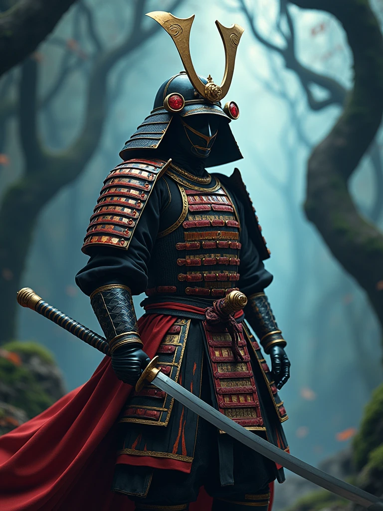 Majestic samurai, colorful, dark fantasy, insanely detailed and intricate, golden ratio,hypermaximalist, cinematic, matte painting, trending on artstation, elegant, ornate, luxury, elite, James jean, Brian froud, ross tran, realistic 3D, hyper realistic, super detailed