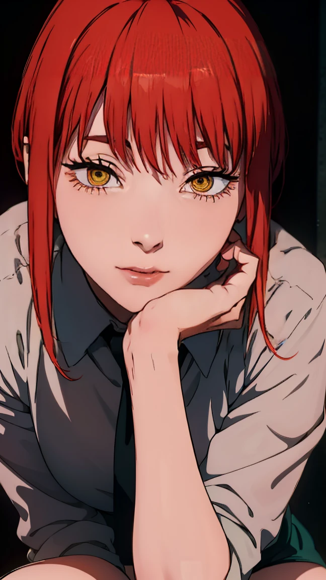 The character Makima from the anime series Chainsaw Man, fragile, full length (Full body 1.1.), dark background, darkness, Correct anatomy 1.1, holds his hands behind his back, correct hand anatomyVery sexy, erotica, very feminine, beautiful figure, legs, buttocks, beautiful body, red hair, orange eyes, Red circles for schoolchildren, summer dress, sexy pose, realistic, very detailed, beautiful body, detailed body, detailed hands, detailed, Vibrating, detailed Face, Makima character design. very detailed, detailed body, detailed hands, detailed Face, anime art, Hugh Details, Very downcast face, detailed eyes, Super thin illustration, best shadow, Fine detail, beautiful detailed glow, beautiful detailed, Extraordinarily beautiful, extremely detailed, inexpressive, epic composition, Anime style. anime art anime art, Anime style,