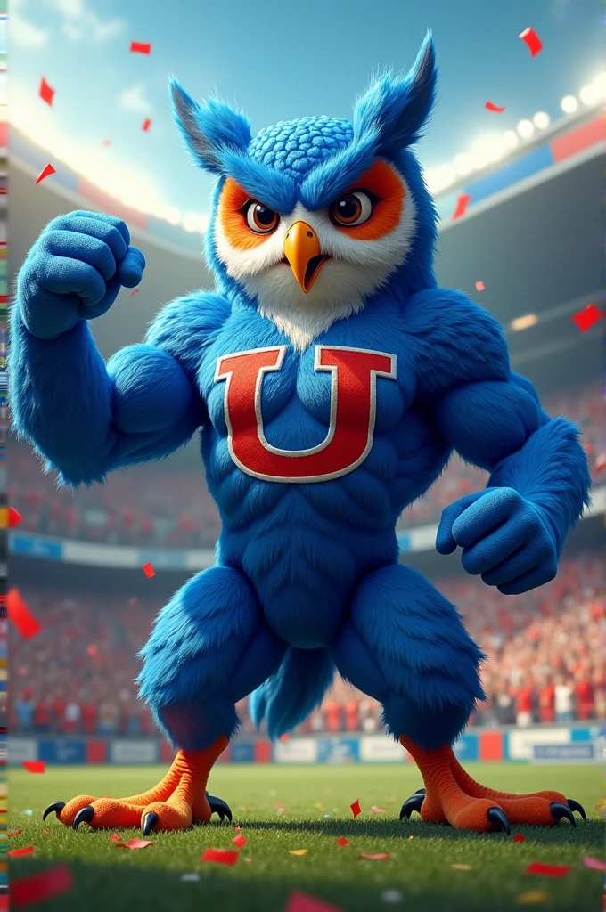  owl shaped like a human figure, street fighter style , Love, muscular, The color blue, with a large U on the chest in red with a white border, shouting goal in a football stadium.