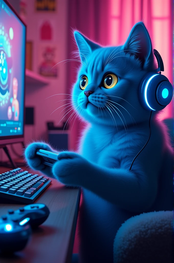 Generate a photo of a blue gamer cat