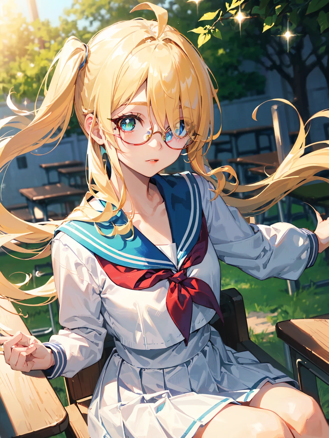 (extremely detailed CG unity 8k wallpaper,masterpiece, best quality, ultra-detailed),school classroom setting,sunlight filtering through trees,beautiful blonde high school girl with twintails and ahoge, cute, red lips, sharp eyelashes, beautiful blonde-haired high school girl, (white school uniform:1.3), (white sailor uniform:1.3), cleavage, perfect collarbone, detailed collarbone, (long floating hair:1.3), wearing sailor uniform, dynamic pose, sitting on chair, (eyeglasses), (round trimmed eyeglasses:1.3), detailed iris, sparkle eyes, star in eyes, enchanting green eyes, (multicolored eyes), (blonde hair:1.3), (floating hair:1.3), (hair between eyes), (hair over one eye:1.3), (floating hair:1.3)