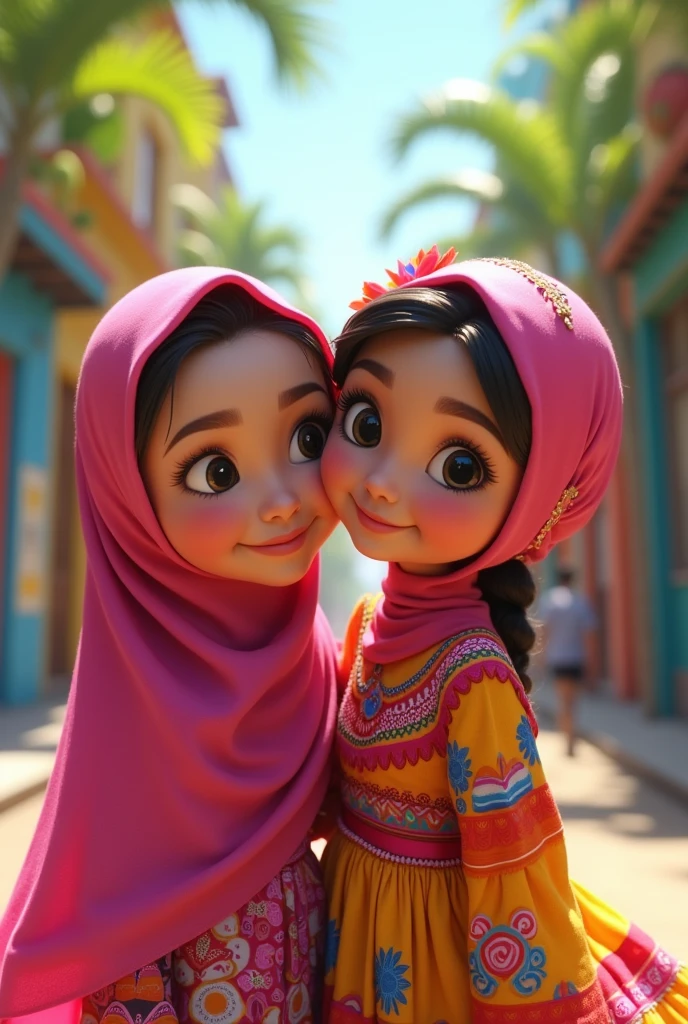 Animated image of an Indonesian girl with a pink Niqab and a girl in a Latin American dress