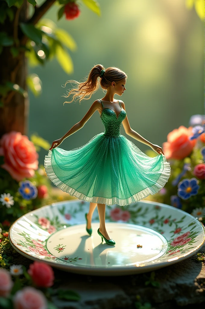 "A delicate miniature girl-like figure, fashioned from colorful glass, twirling on an intricately painted porcelain plate, set in a quaint, fairy-tale garden with vibrant flowers and ivy-covered walls. The plate's ornate designs add a touch of elegance, while the garden blooms in a riot of colors, illuminated by soft, dappled sunlight. The figure's pose exudes grace and enchantment, with reflections of light playing off the glass to create a mesmerizing effect."the