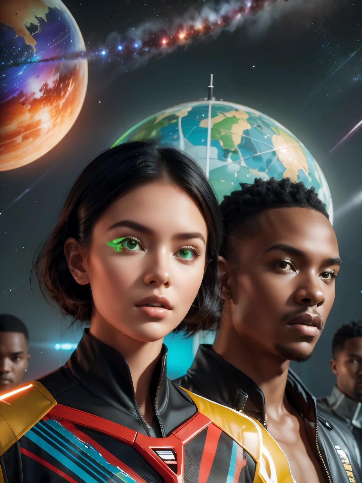 Low angle shot of vector art, Color illustrations：Two African men and two African women holding a futuristic African soldier team, Serious expression looking at the audience. spacecraft, Constellations and solar system in the background. African Futurism art, Science Fiction Art, Vibrant colors，Graffiti Art，Ink splatter，Wild and uninhibited，Colorful，visual impact, Modern aesthetics super detail,

