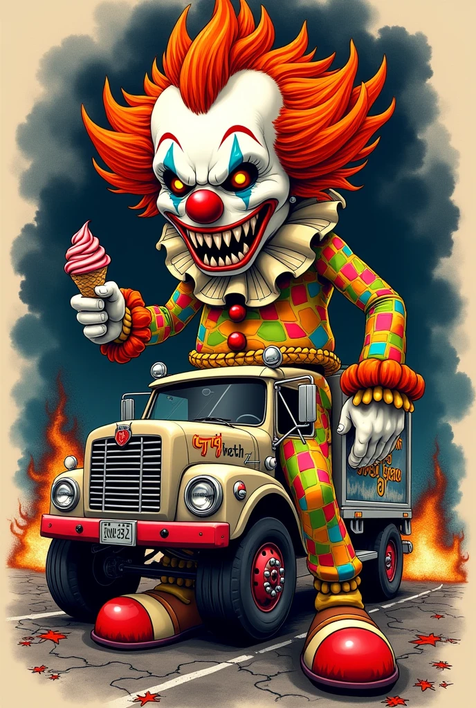 Create a tattoo image of the Twisted Metal game clown Sweet Tooth with his iconic ice cream truck..
But with the full-body clown