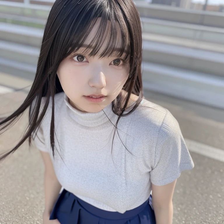 美しいのFull body portrait, Standing with her hands clasped softly in front of her. She is dressed in a cute outfit, a t-shirt and a skirt., Long, flowing hair gracefully cascades down her back. The scene gently captures her, Dreamy Style, Highlighting her delicate features and a serene expression on her face. The background is simple, Beautiful Japanese Woman, 1 person,(Realistic:1.4), Highest quality、Full body portrait, 8k, At 32K,((Short Turtleneck))、18-year-old、Blur the background、Stand up straight、18-year-old、Perfect Face、Perfect body line、Japanese Idols、Full body portrait、Belly short cut hairstyle、smile、Wearing small panties、Short Hairstyles、sexy