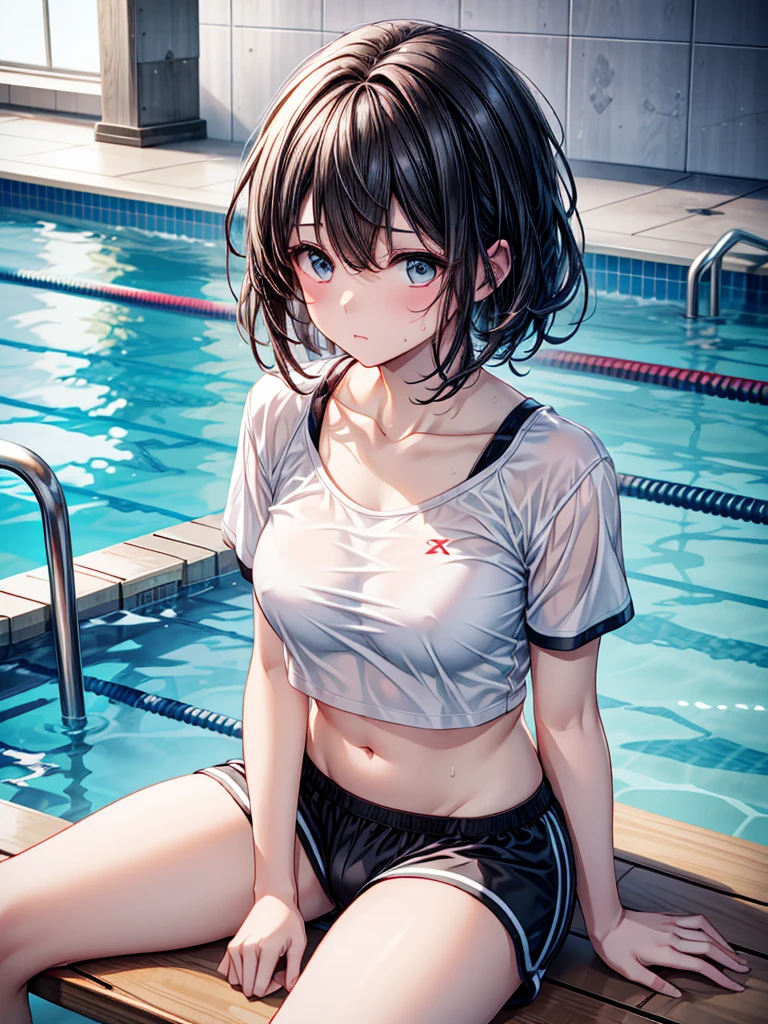 Black Hair Girl、、A loose black band T-shirt、White sports bra、Blue Boxer Shorts、Sitting on a bench in the pool changing room、Sweaty hair、shortness of breath、Fatigue、Realistic texture