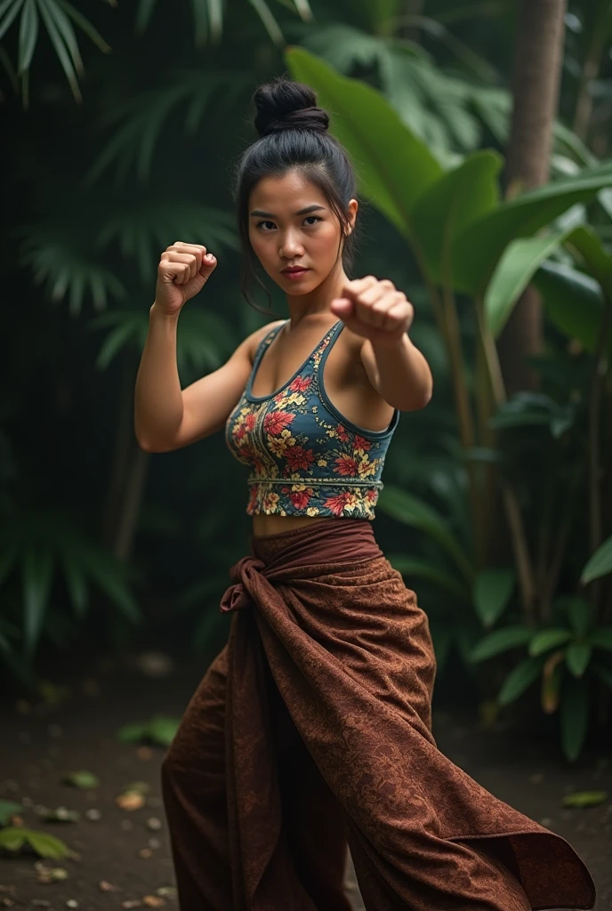 dynamic wide view, an image of a photogenic Malay woman, hair in a bun, wearing a intricate floral tank top, wearing a brown batik sarong, fighting stance energy, dynamic pose, fighting stance, dark garden background, realistic image