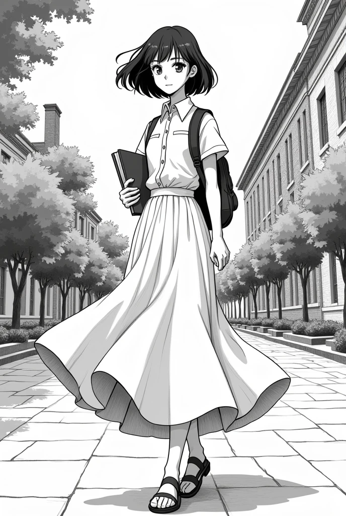 A college girl, medium complexion, long skirt and button-up shirt, short wavy hair in black and white manga style