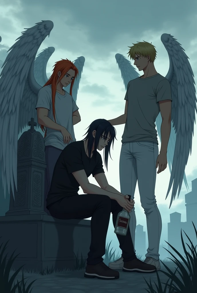 In the middle is a guy with long black hair, gray eyes, Beautiful face, beautiful body, black T-shirt, black trousers, crying, sits with a bottle of alcohol in a cemetery in front of a tombstone. A tall guy is sitting on the right, blond, Beautiful, Pumped up body, in a gray shirt and white pants with large angel wings and brown eyes. On the left sits a guy with orange hair, in a white T-shirt and dark gray pants, Blue eyes, Large angel wings. anime art, masterpiece, realistically, super detail, Hand detailing, Beautiful characters