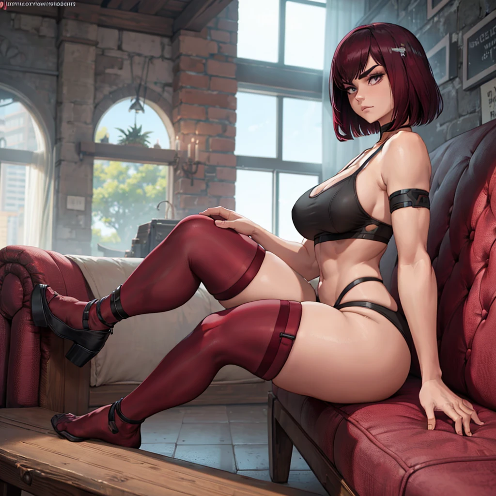 1 girl, solo, shot from side, looking to the side, short hair, sport thong, sport bra, (burgundy thigh highs), stockings, Long stockings, arm gloves, anklet, armlet, thighs strap, arm strap, chocker, sitting (sit down), full body, mature female, ass, thick, burgundy color, 