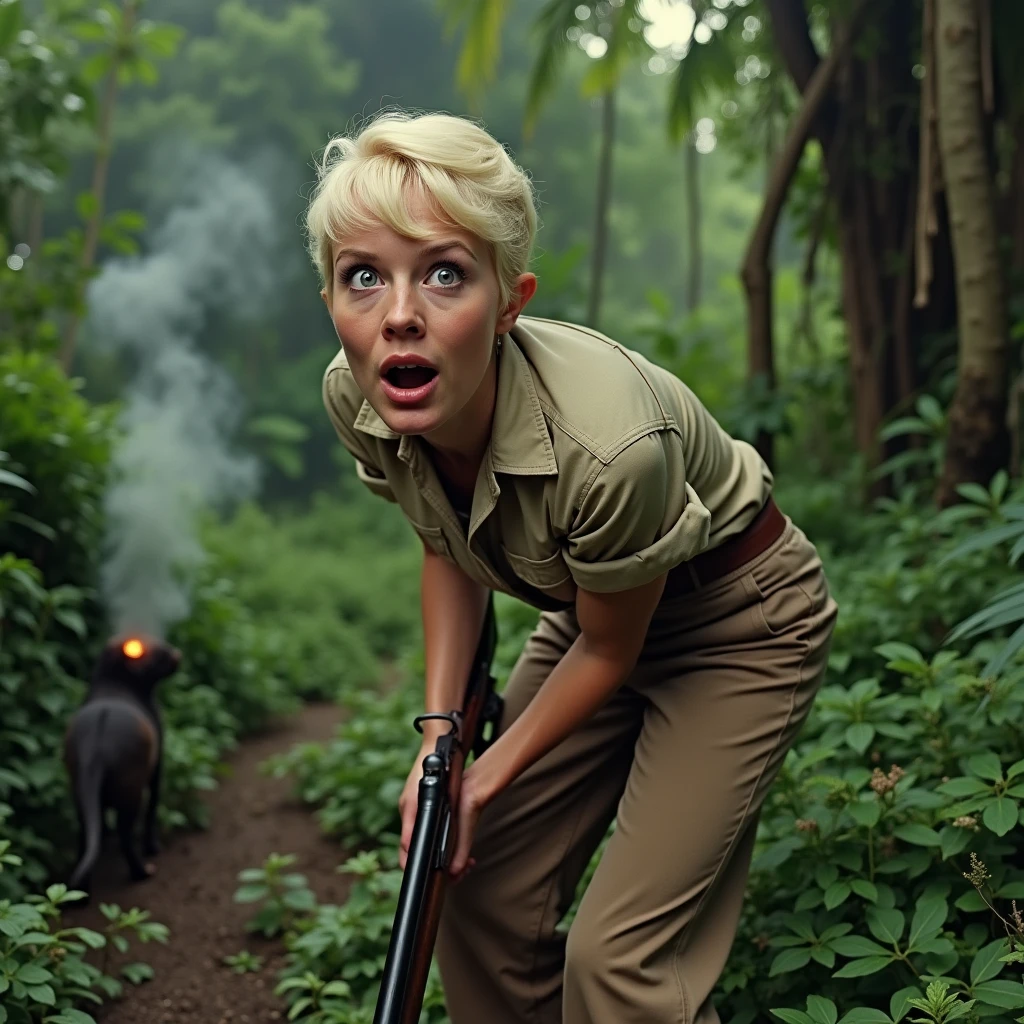 Close-up , bent over , Big butt , is 1940 , We see the girl from behind, she looks at the viewer, , hilarious cinematic scene of a young, talented actress resembling Doris Day, dressed as a poacher in the heart of the jungle. She is bent over, wearing long pants and a hunter's shirt, and holding a rifle. The edges of a big hole in her pants in butt área have charred marks, and there's a significant amount of smoke emanating from her backside. Her platinum blonde hair is short and sleek, and she appears to be around 30 years old. In a sudden moment of slapstick comedy, the actress screams in pain, her eyes and mouth wide open, revealing a massive hole in her pants from a shotgun accident. The scene is captured in stunning 4K high definition, with the jungle as a backdrop, and a comedic tone throughout., cinematic