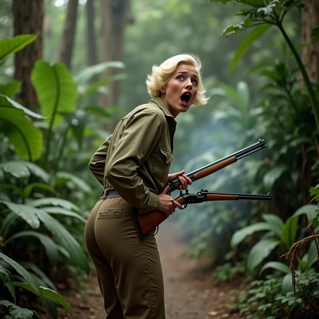 Close-up , bent over , Big butt , is 1940 , We see the girl from behind, she looks at the viewer, ,  hilarious cinematic scene of a young, talented actress resembling Doris Day, dressed as a poacher in the heart of the jungle. She is bent over, wearing long pants and a hunter's shirt, and holding a rifle. The edges of a big hole in  her pants in butt área  have charred marks, and there's a significant amount of smoke emanating from her backside. Her platinum blonde hair is short and sleek, and she appears to be around 30 years old. In a sudden moment of slapstick comedy, the actress screams in pain, her eyes and mouth wide open, revealing a massive hole in her pants from a shotgun accident. The scene is captured in stunning 4K high definition, with the jungle as a backdrop, and a comedic tone throughout., cinematic