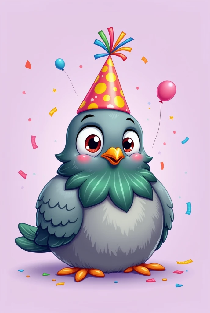Feral pigeon cartoon style with a birthday hat, sitting on its legs with a lilac background