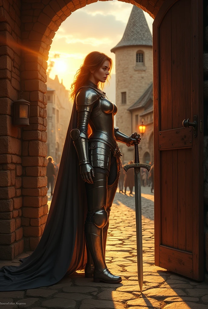 A woman with shoulder-length hair, fair skin, and a full silver armor is opening a bar door. The sun is hitting her back. She has one hand on the door and the other on her sword, which is not drawn.