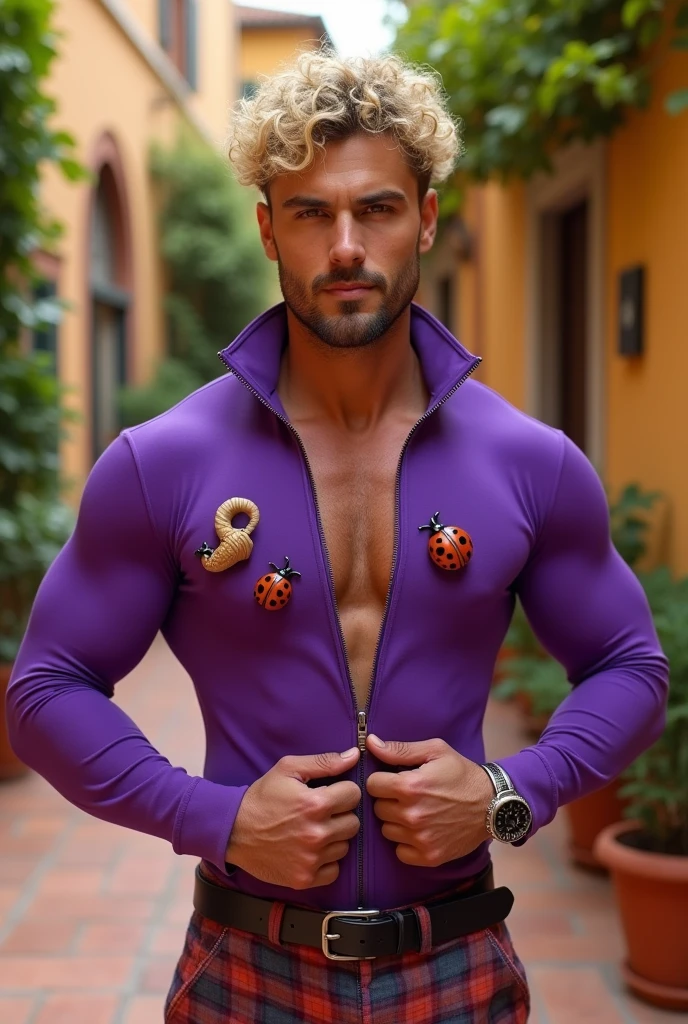 an italian guy, blonde, curly hair, front hair curl like like corne , in purple zipper shirt, 1 lady bug broaches on both chests, muscular body, grab collar of shirt, hand on waist