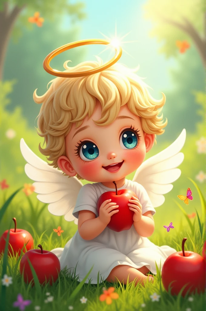 drawn drawing, Sticker, In the style of an illustration, a beautiful little angel - a child in the grass, Sticker, light eyes, halo overhead, smile, Sticker, apples in hand