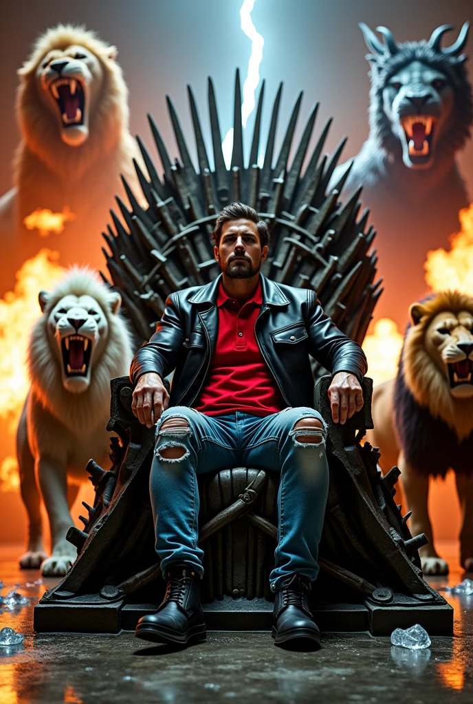 Create a man about 43 years old with ripped jeans , red polo shirt and black leather jacket sitting on the iron throne with black lace-up boots , Next to him there are two lions, one white and one brown, roaring, and two Mexican pennants, one on the throne and the other near the white lion.,On the left side there is a flying dragon spewing fire and on the right side a flying dragon spewing lightning from its mouth. You can see the text "OMEY" There are melted ice cubes with water on the floor. Everything is well detailed, Luxury premiere style. Camera shot of 10k