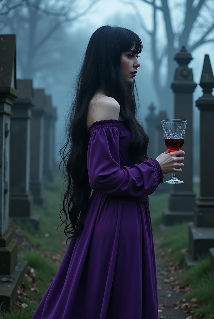 Woman with long black hair wearing a purple dress and holding a glass in her hand, cemetery background