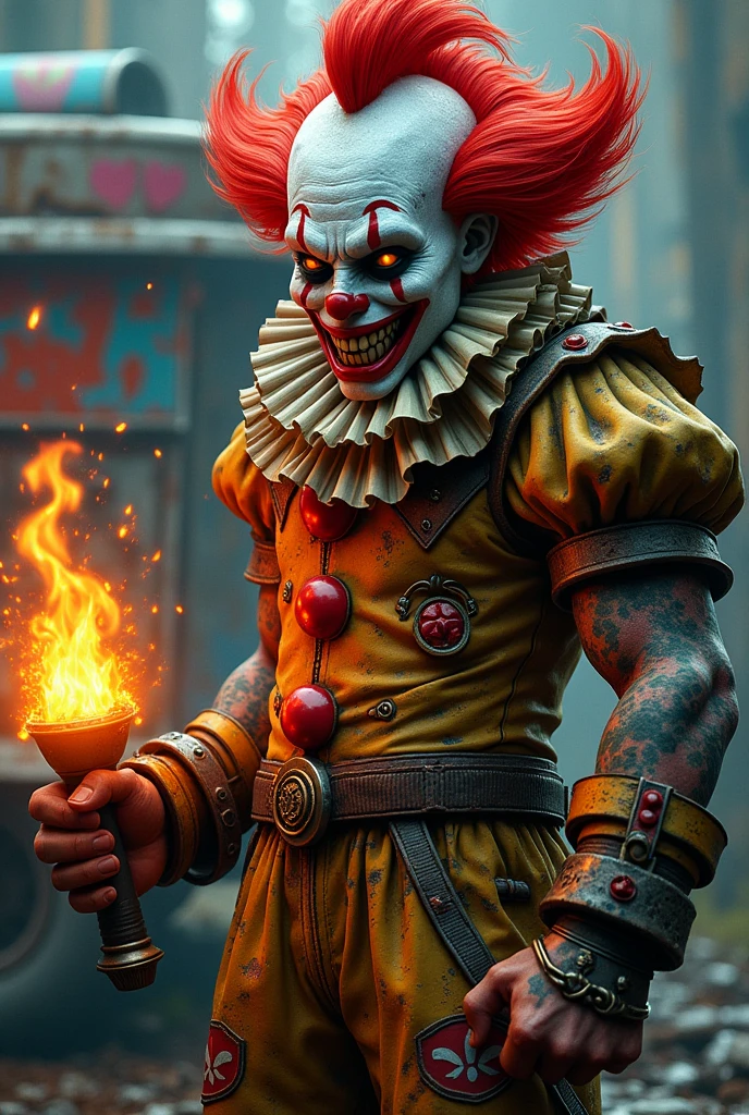 Create a tattoo image of the Twisted Metal game clown Sweet Tooth with his iconic ice cream truck..
But with the full body clown but more realistic.