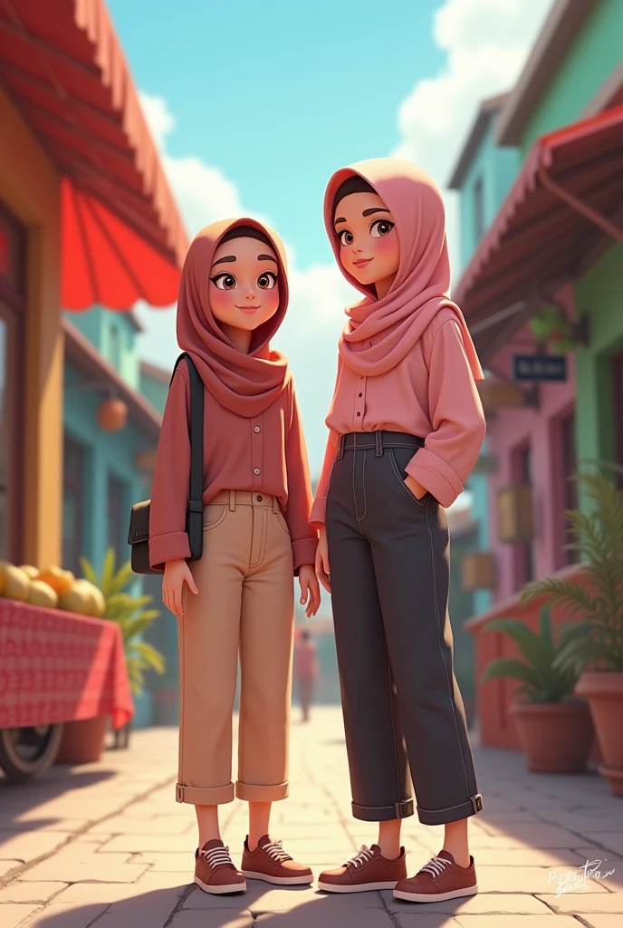 Animated image of an Indonesian girl with a pink Niqab and the other girl wearing pants and a blouse. 
