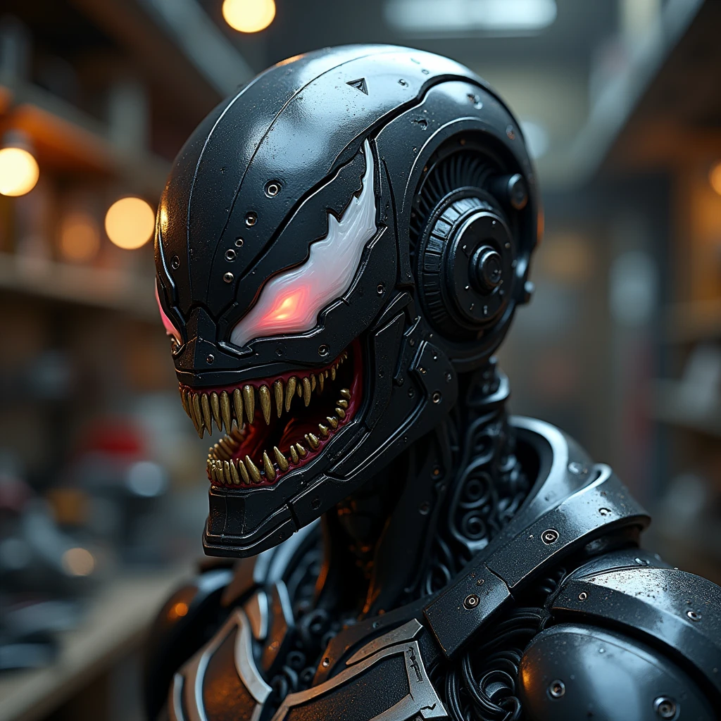 Create a robot helmet fused with venom in black and silver colors for 3d printing