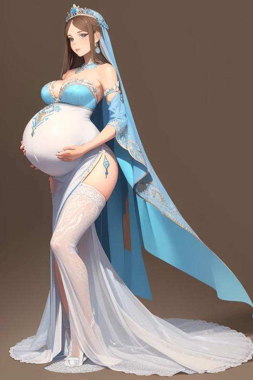 8k, masterpiece, very realistic, Full body (Sexy pregnant queen 1.2), very slim waist, slim thighs, elaborate detailed light blue detailed embroidered formal dress, long straight flowing brown hair, elaborate detailed patterned white stockings, medium breasts, pregnant, (curved back 1.2), silver tiara with light blue gems