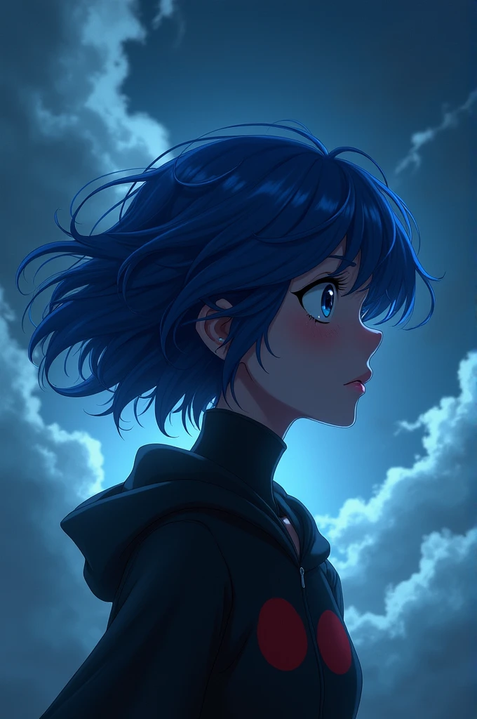 Generate a art of marientte dupain cheng frowing and crying, her blue hair sways with the wind and her intense Blue eyes is filled with devastation