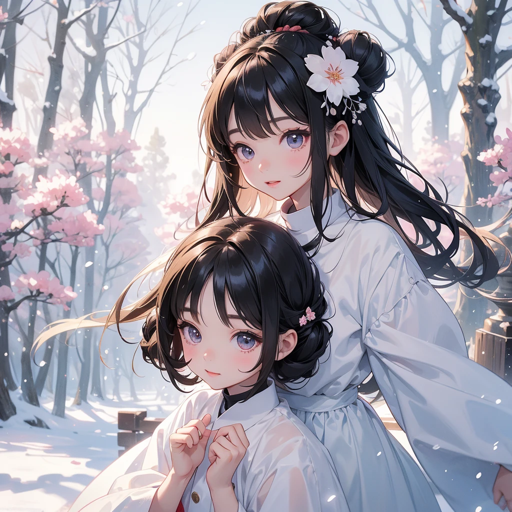 A chibi child girl had a small face and wearing a little tourist priest’s outfit.a pair of big round eyes shone with curiosity about him. This child was so cute. Standing and looking at the falling flower from sakura tree, her hair is black with buns on her hair. Small chibi , chibi baby, smiling , chibi.
Walking in a forest covered in white snowstorms. A very strong blizzard The trees were completely covered with white snow.