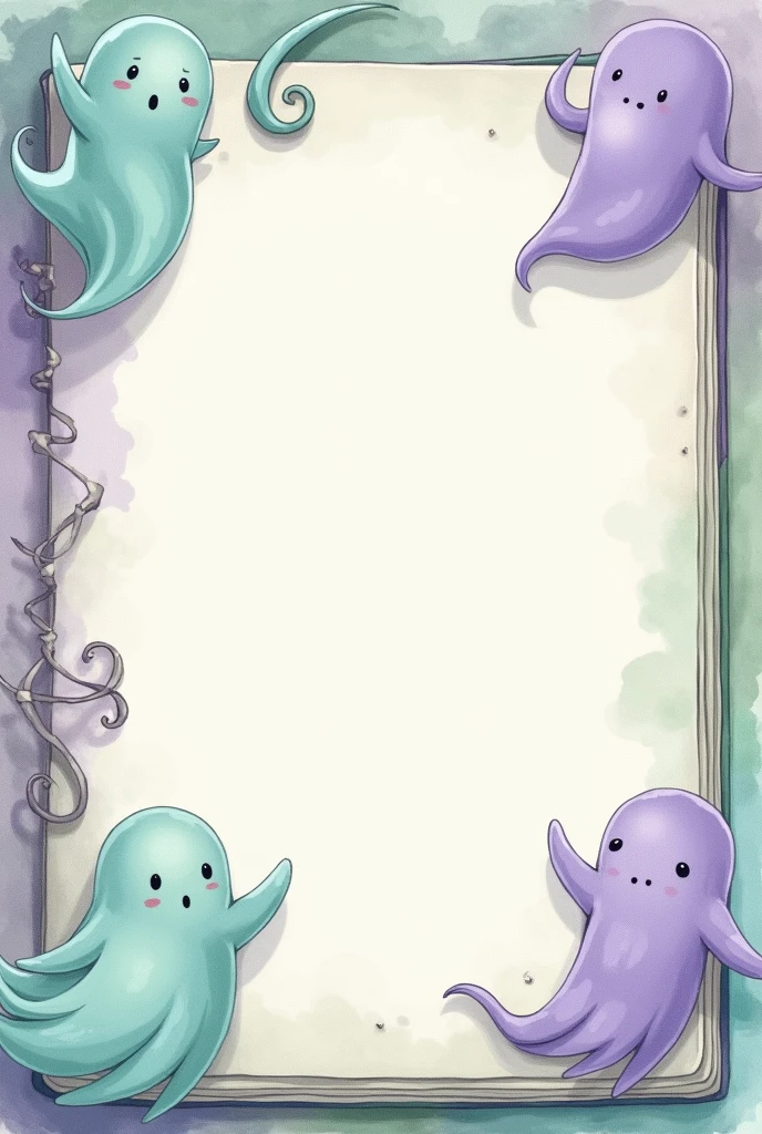 book spread, free space for inserting text in the middle, painted ghosts on the edges of the picture outside the book page