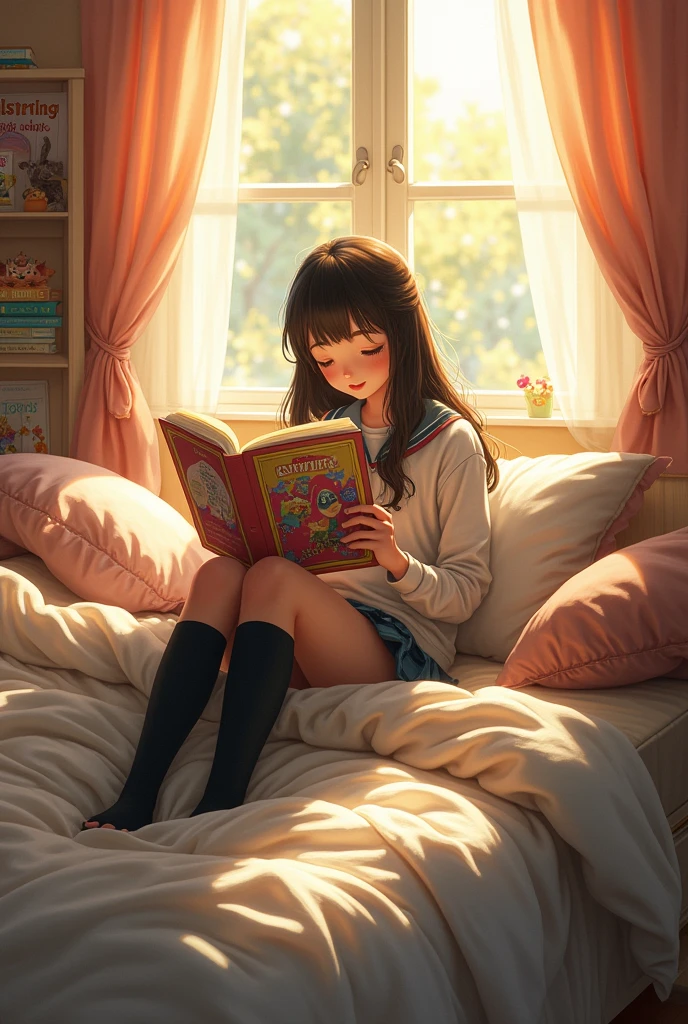 Schoolgirl with stockings in bed reading a book in real life