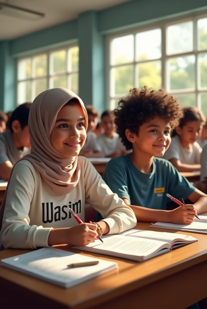 Adult beautiful Muslim girl "sifa" and handsome boy with curly hair "Wasim"text written on tshirt in exam hall