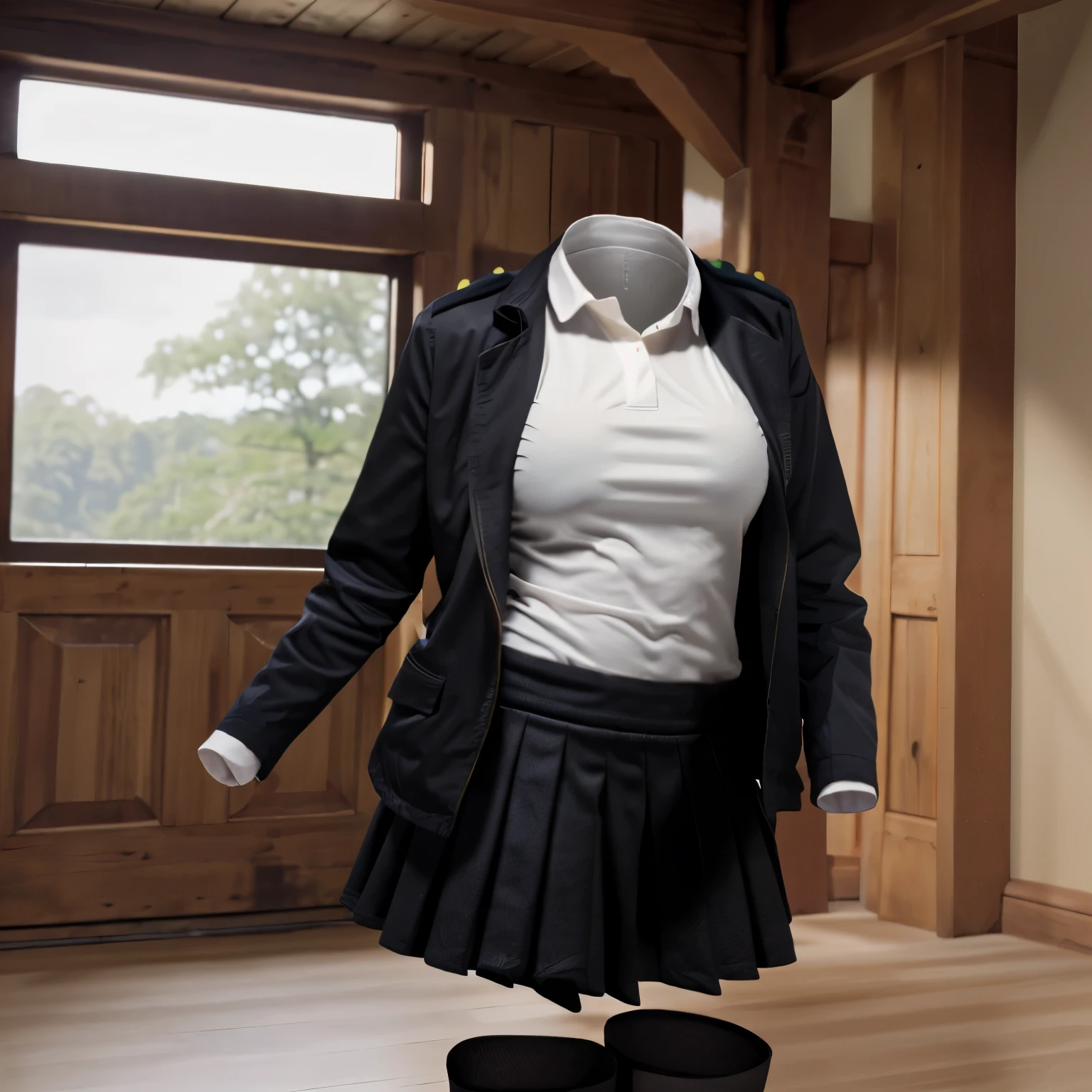 (invisible, no humans, headless, handless, faceless:1.5),cute big breasts, dynamic angle, white shirt, pleated skirt, striped necktie, collared shirt, black jacket, black skirt, long sleeves, school uniform, black socks, sarashina ruka, best quality, high resolution, (8k, RAW photo, best quality, masterpiece:1.2), (realistic, photo-realistic:1.37), photon mapping, radiosity, ((Hasselblad photography)), physically-based rendering