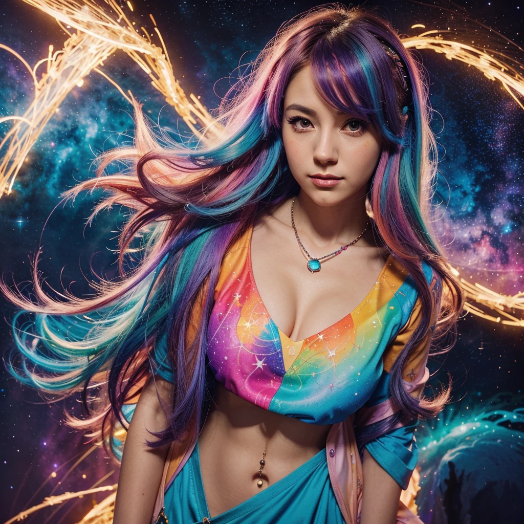 Close-up of a woman with colorful hair and necklace, anime girl with cosmic hair, Ross brings a gentle vibrancy, Gouvi style artwork, Fantasy art style, colorful], Vibrant fantasy style, Rossdraws A powerful comic, cosmic and colorful, Gouvice, colorful digital fantasy art, Amazing art style, beautiful anime style, I glow