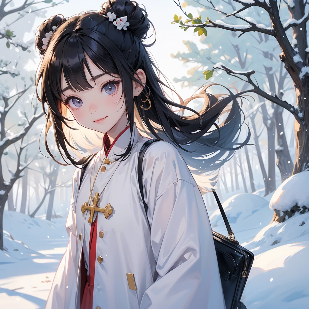 A chibi child girl had a small face and wearing a little tourist priest’s outfit.a pair of big round eyes shone with curiosity about him. This child was so cute, her hair is black with buns on her hair. Small chibi , chibi baby, smiling , chibi.

Walking in a forest covered in white snowstorms. A very strong blizzard The trees were completely covered with white snow.