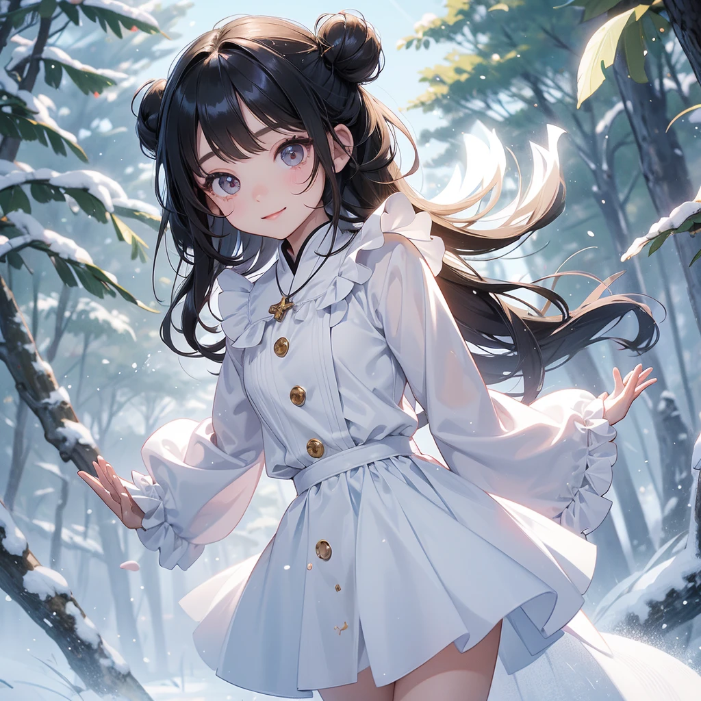 A chibi child girl had a small face and wearing a little tourist priest’s outfit.a pair of big round eyes shone with curiosity about him. This child was so cute, her hair is black with buns on her hair. Small chibi , chibi baby, smiling , chibi.
Walking in a forest covered in white snowstorms. A very strong blizzard The trees were completely covered with white snow.