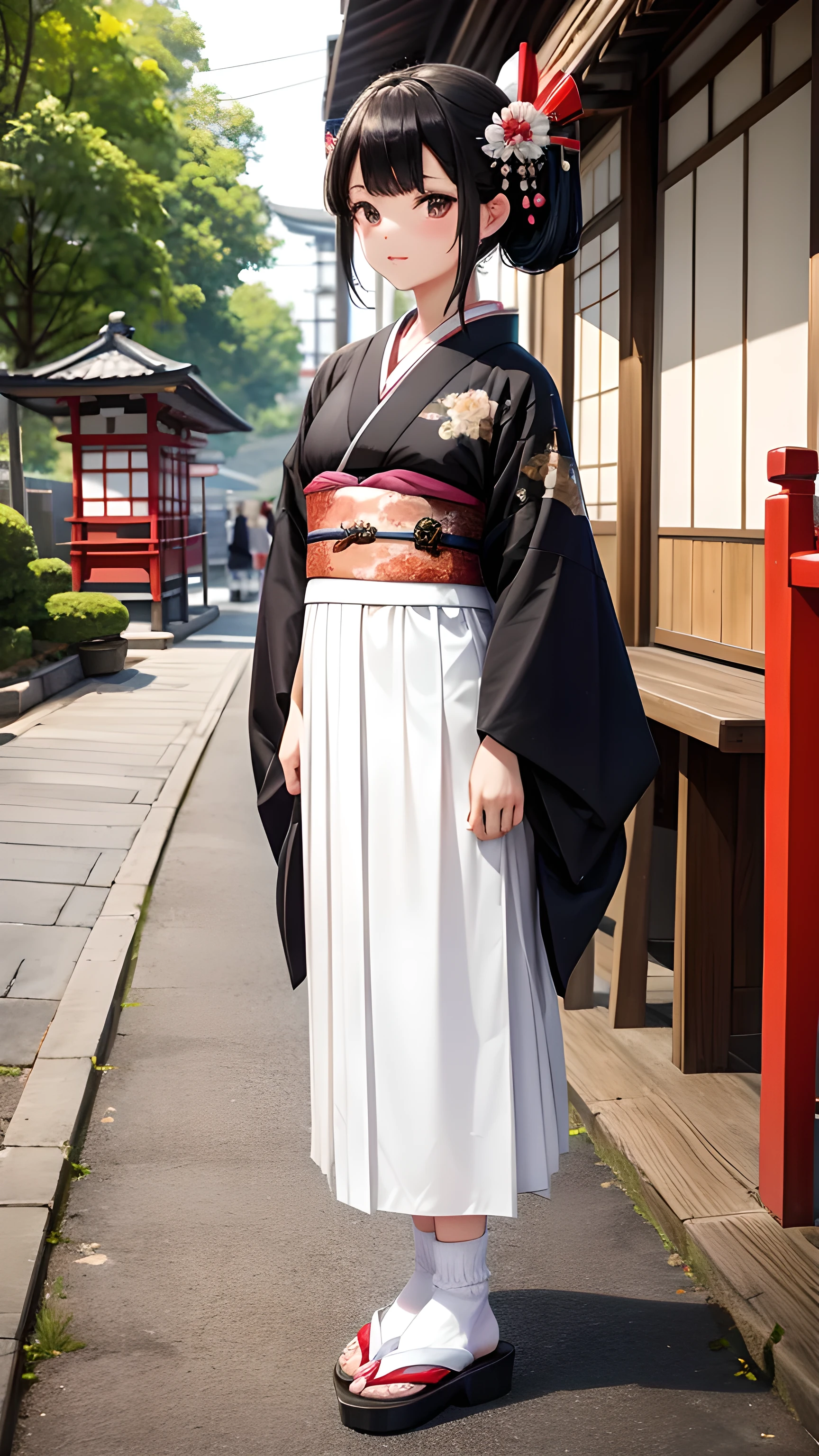 Twelve-year-old black-haired girl,Geisha Hairstyle,kimono,Long skirt,White socks,Straw sandals,Japanese Street